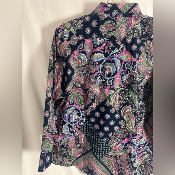 Women’s 100% Cotton Navy Blue Paisley Patchwork Boho Spring Button Down Size XL - Picture 12 of 13